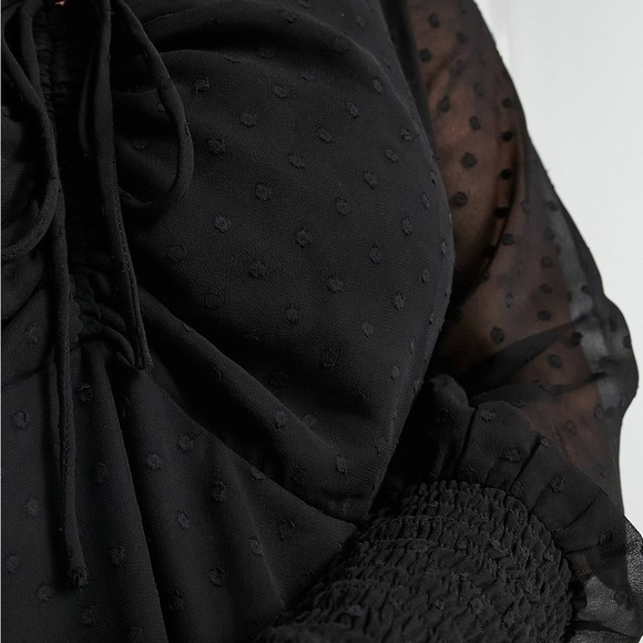 ASOS Simply Be Black Sheer Swiss Dot Long Sleeve Blouse with Ruched Front Sz 16 - Picture 3 of 6